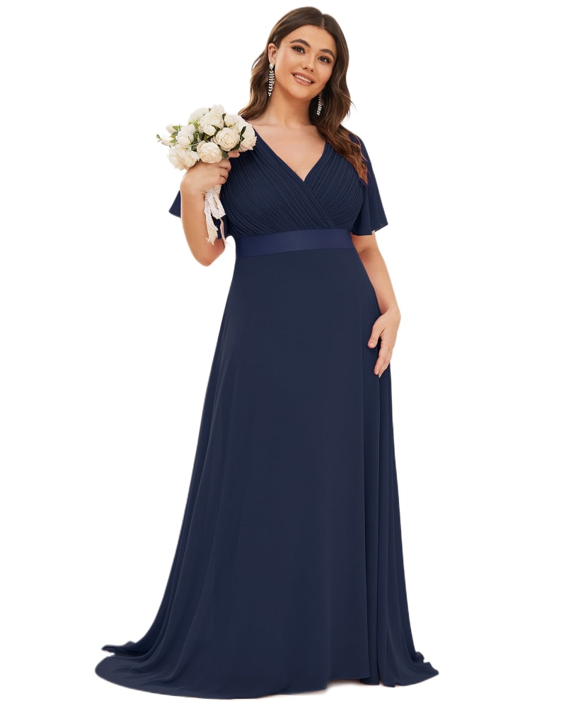 Front of a model wearing a size 14 Long Chiffon Empire Waist Bridesmaid Dress with Short Flutter Sleeves in Navy Blue by Ever-Pretty. | dia_product_style_image_id:329530